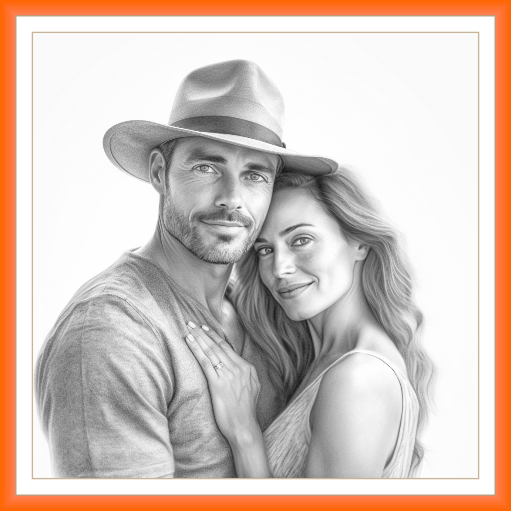 Retrato a carvão ou lápis cabeça e ombros de casal