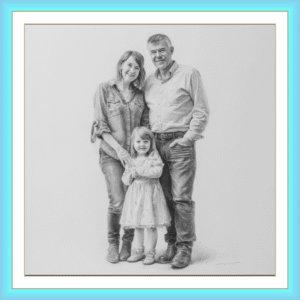 Retrato a carvão ou lápis de família de 3 pessoas avós e neta, em pose corpo inteiro