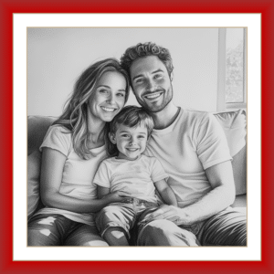 Pintura de Retrato pintado a carvão ou lápis por foto da família em pose meio corpo com 3 pessoas