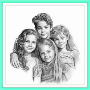 Retrato a carvão ou lápis de 4 pessoas na pose cabeça e ombros