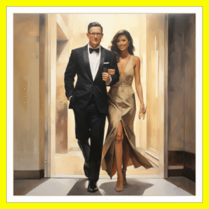 Retrato a óleo de um homem num smoking e uma mulher de vestido na pose de corpo inteiro